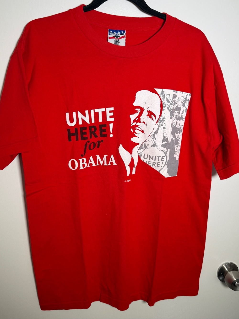 Barrack Obama Unite Here! Red Graphic Political Tee Large
